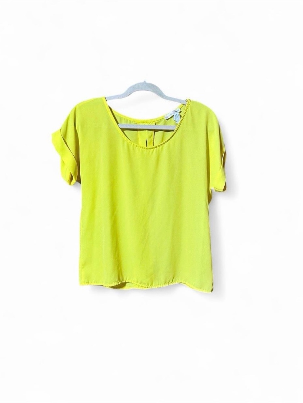 AGACI Neon Yellow Blouse with Rolled Short Sleeves and a Split Open Back Sz M